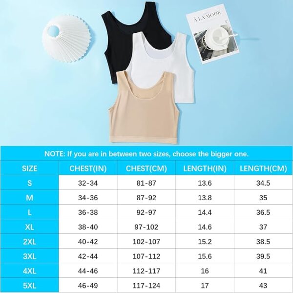 An image of three sleeveless crop tops in black, white, and beige, laid out on a light blue surface. Beside them are a white pleated fan and an open magazine. Below is a sizing chart for the GCTBL Half-Tank tops, listing sizes S to 5XL with chest and length measurements in inches and centimeters.