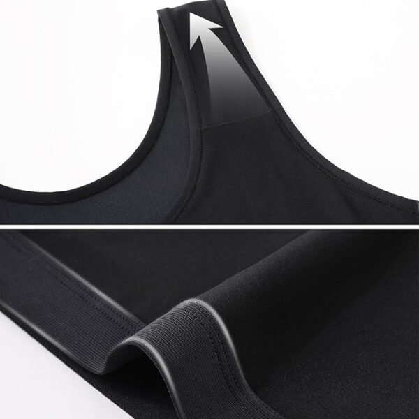 Close-up images of a black neoprene slimming half-tank. The top image shows the shoulder seam with an arrow indicating stretch or movement. The bottom image highlights the detailed stitching and the elastic band at the hem of the garment, showcasing its Black Binder design.