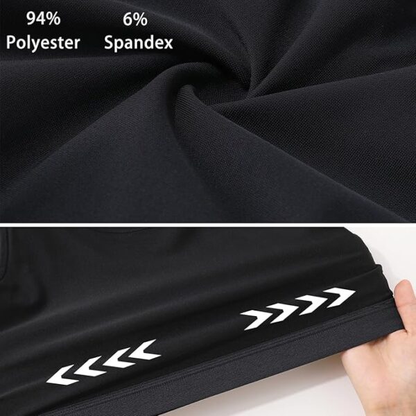 Close-up image of a fabric, showcasing its texture. The top half displays a swirl of black fabric labeled "94% Polyester, 6% Spandex." The bottom half shows a hand stretching the GCTBL Half-Tank ftm chest binder fabric with white arrow designs printed on it.