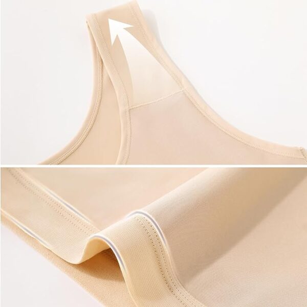 Close-up image showcasing two sections of a beige ftm binder: the top image highlights a strap with an upward-pointing white arrow, while the bottom image displays an edge with white trim, emphasizing the fabric's texture and stitching details.