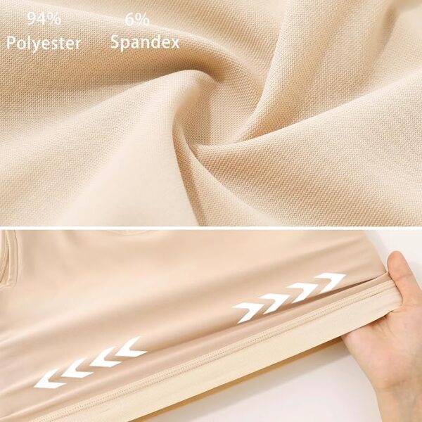 Close-up of a fabric labeled 94% Polyester and 6% Spandex. The top image shows the texture with a slight fold, demonstrating its stretchiness, similar to an ftm binder, while the bottom image shows a hand stretching the fabric, revealing white arrows printed near the edge.