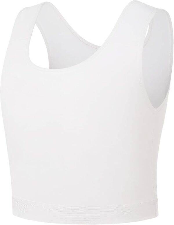 A white, sleeveless compression chest binder with a scoop neckline, displayed against a white background. The trans FTM binder has a snug fit, contoured design, and wide shoulder straps, providing support and coverage.