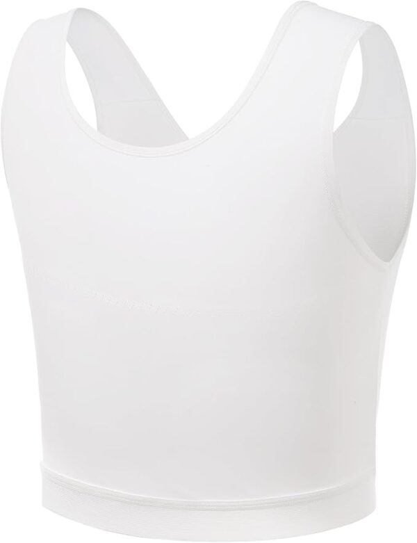 A white sleeveless compression shirt displayed against a plain background. The shirt, often used as an FTM binder for swimming, has a wide shoulder design with a snug, form-fitting cut, typically used for athletic or supportive wear.