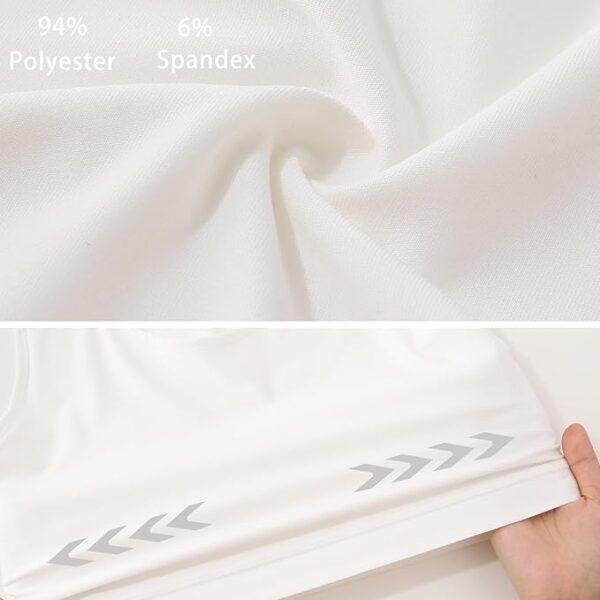 Two sections showing close-up details of a white fabric. The top section highlights a blend of 94% polyester and 6% spandex, showcasing the texture and stretchability ideal for an ftm binder. The bottom section features a hand holding the edge of a garment with gray arrow prints.