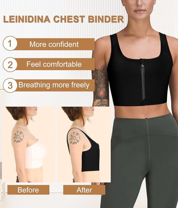 A person wearing a LEINIDINA zippered black ftm chest binder stands confidently. The image highlights three benefits: "More confident," "Feel comfortable," and "Breathing more freely." Below, "Before" and "After" images show the person in different types of binders.