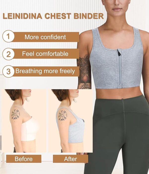 An individual stands wearing a LEINDINA ftm chest binder in light gray with a zipper front. Surrounding the person, text highlights the benefits: "More confident," "Feel comfortable," and "Breathing more freely." "Before" and "After" images are shown at the bottom.