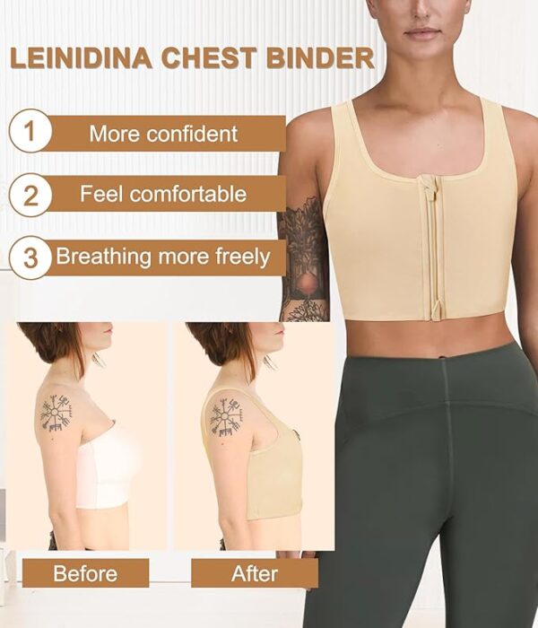 A person wearing a nude/beige trans man chest binder stands confidently. The image highlights the benefits "More confident," "Feel comfortable," and "Breathing more freely." "Before" and "After" side-by-side images show the difference in chest appearance.