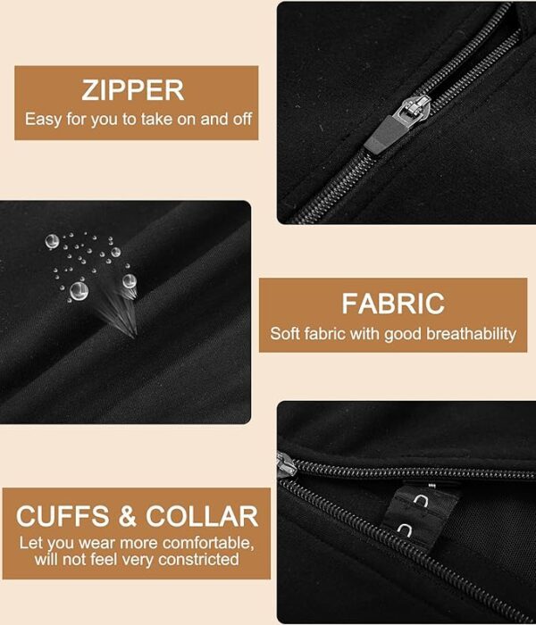 An infographic describing features of a black LEINIDINA ftm chest binder. Includes images of a zippered binder, water droplets on fabric, and the cuffs and collar. Text reads: "Zipper - Easy for you to take on and off. Fabric - Soft fabric with good breathability. Cuffs & Collar - Let you wear more comfortably, will not feel very constricted.