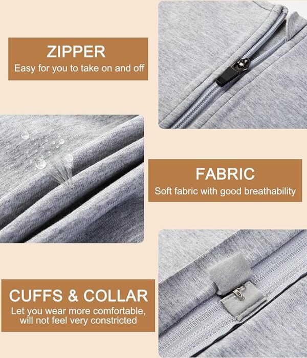 Close-up image of a grey trans man binder displaying its features: a zipper for easy use, soft and breathable fabric, and comfortable cuffs and collar. Water droplets on the fabric highlight its water-resistant properties. Text boxes describe these aspects in detail.