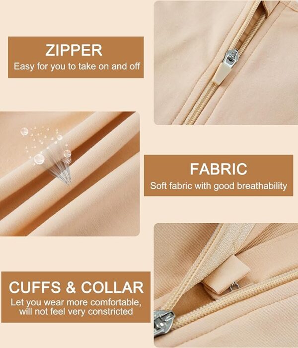 A detailed image illustrating features of a nude/beige ftm chest binder. Top left: a close-up of a zipper with the text "ZIPPER Easy for you to take on and off." Bottom left: fabric with the text "FABRIC Soft fabric with good breathability." Right: cuffs and collar with the text "CUFFS & COLLAR Let you wear more comfortably, won't feel constricted." Ideal for trans men.