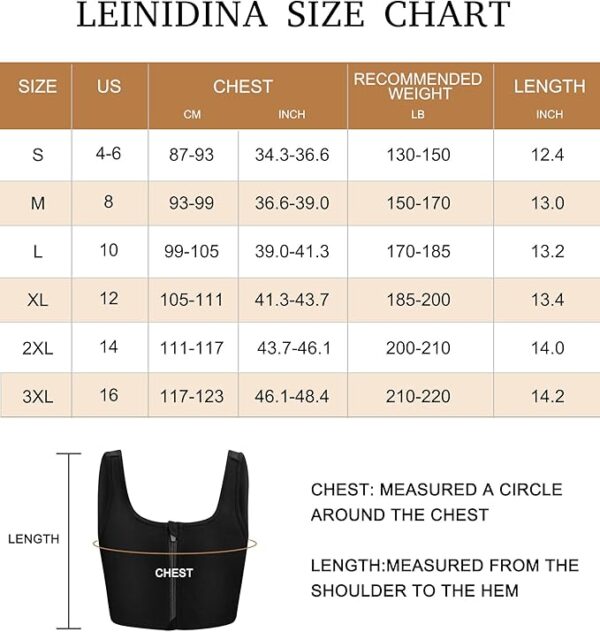 A size chart for LEINDINA with sizes S to 3XL, displaying US size, chest measurements in inches and cm, recommended weight in pounds, and length in inches for each size. An image of a garment with labeled chest and length measurements is shown at the bottom next to a zippered black binder.