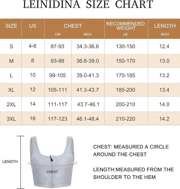 A size chart for LEINDINA featuring different sizes (S, M, L, XL, 2XL, 3XL) with corresponding US sizes, chest measurements, recommended weight, and length. The bottom section shows a gray ftm trans binder with chest and length measurement guides for an accurate fit.