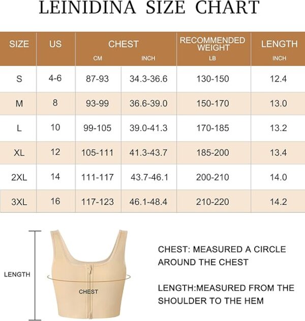 A size chart for "Leindina" ftm chest binders, with sizes ranging from S to 3XL. The chart details measurements for chest (in cm and inches), recommended weight (lb), and length (in inches). An illustration of a vest highlights measurement points for chest and length.