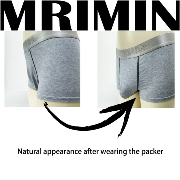 Two side-by-side images of gray-colored underwear. The first image shows the underwear from the side without a soft packer, and the second image shows it from the side with one inserted. Text above reads "MRIMIN." Below, text reads "Natural appearance after wearing the packer.