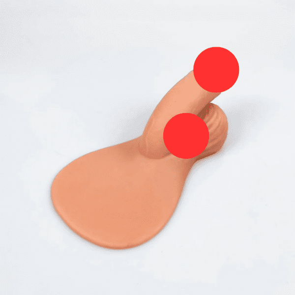 An beige-colored silicone p*nis from MRIMIN. It has a broad, flat base and a cylindrical extension rising from it, marked by two red circles for emphasis. Ivory & Beige hues blend seamlessly in the design against a plain white background.