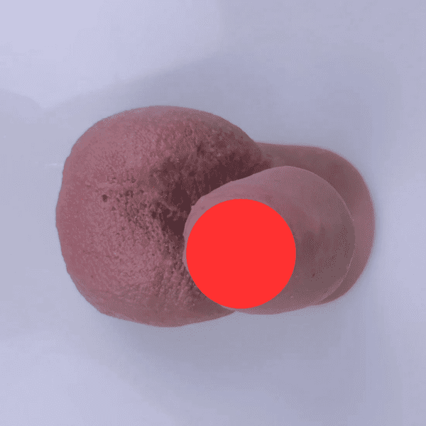 A silicone trans masculine packer is visible and sitting upright. The view is from the top. Its smooth, brown surface showcases one red circular marker on the head for modesty. The backdrop remains a plain light grey.