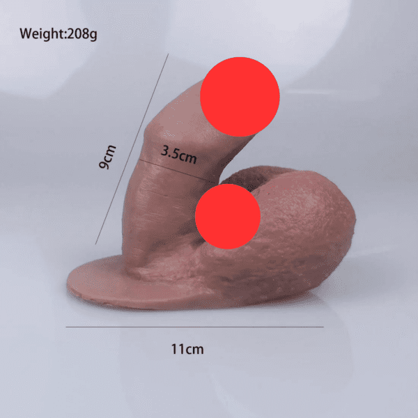 The MRIMIN Brand offers a Platinum Silicone customized packer with precise measurements: height 9 cm, width 11 cm, and diameter 3.5 cm. Weighing 208 g, it features two red circles on its curved, cylindrical shape with a rounded base—a perfect example of our customized packer expertise.