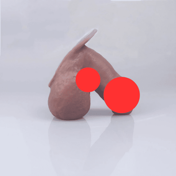 A realistic model crafted from soft silicone, displaying the size and dimensions of a phallic object. The moveable packer is positioned on a reflective surface, with two red circles partially obscuring it.