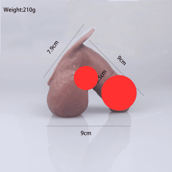 A realistic model crafted from soft silicone, displaying the size and dimensions of a phallic object, labeled with measurements. The moveable packer is positioned on a reflective surface, with two red circles partially obscuring it. Weight is indicated as 210 grams.