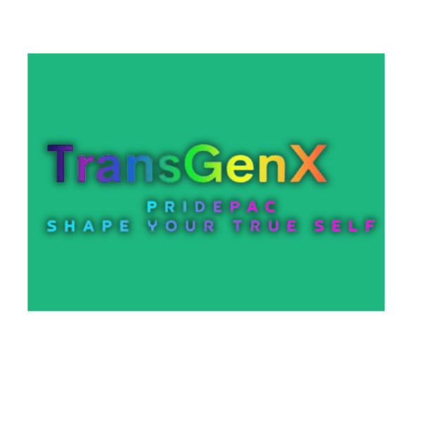 The image features the text "TransGenX" in colorful letters on a green background. Below it, smaller text reads "PRIDEPAC SHAPE YOUR TRUE SELF" in pink and blue, highlighting the inclusion of products like a soft packer to support authenticity.