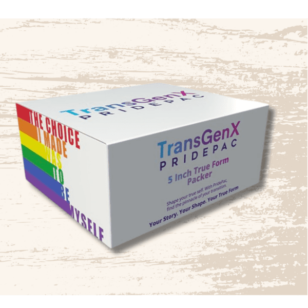 White box on a textured background labeled "TransGenX PridePac 5 inch True Form Soft Packer." The side features rainbow stripes and the text, "The choice I made was to be myself."