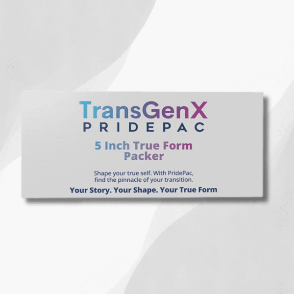 A packaging box labeled "TransGenX PRIDEPAC 5 Inch True Form Soft Packer" with a tagline: "Shape your true self. With PridePac, find the pinnacle of your transition. Your Story. Your Shape. Your True Form." The background features a soft gray gradient.