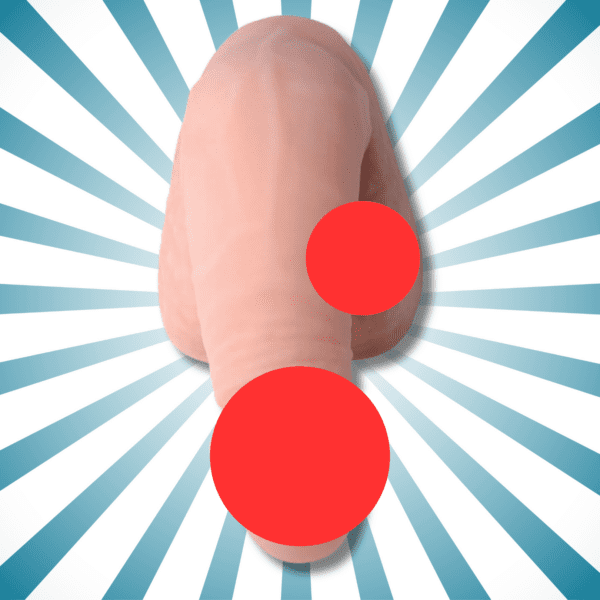 The image features a pale object akin to a soft packer against a backdrop of blue and white radial lines. Two red circles partially obscure the packer for modesty.