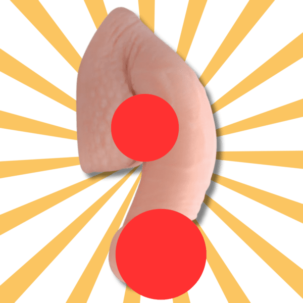 A surreal, soft packer-shaped object with a skin-like texture and two red circles on it for modesty, set against a black background with radiating yellow lines.