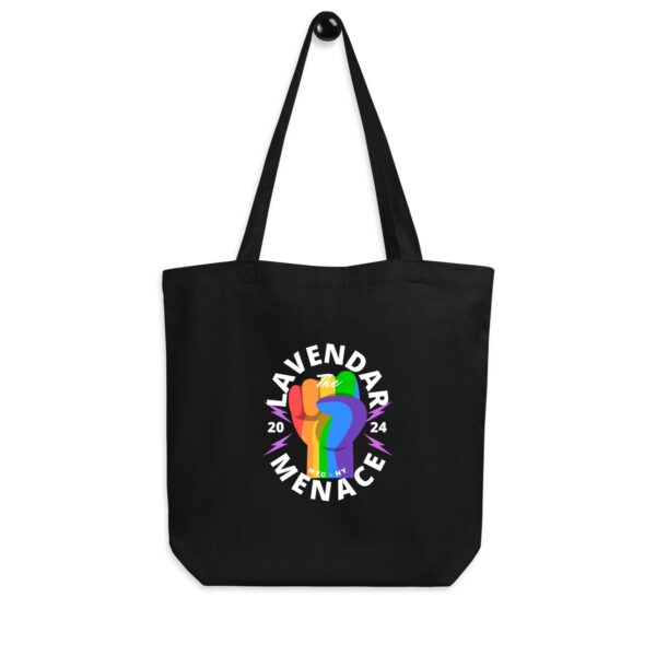 An eco tote bag showcasing three overlapping fists in vibrant orange, pink, and rainbow hues. Surrounding the bold imagery is the text "The Lavender Menace 2024," capturing a statement of strength and unity.