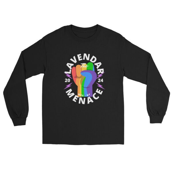 Men's Long Sleeve Shirt featuring a rainbow-colored fist graphic with "Lavender Menace" encircling it. The year "2024" is boldly displayed, adding a modern touch to this iconic design.