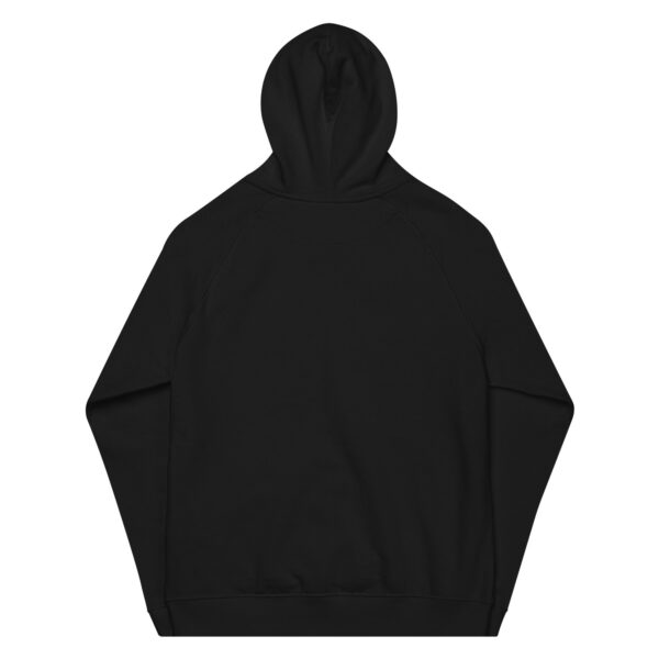 Rear view of an eco-friendly raglan hoodie on a plain white background. The black hoodie boasts a large hood and long sleeves, with no visible logos or designs, offering a minimalist look.