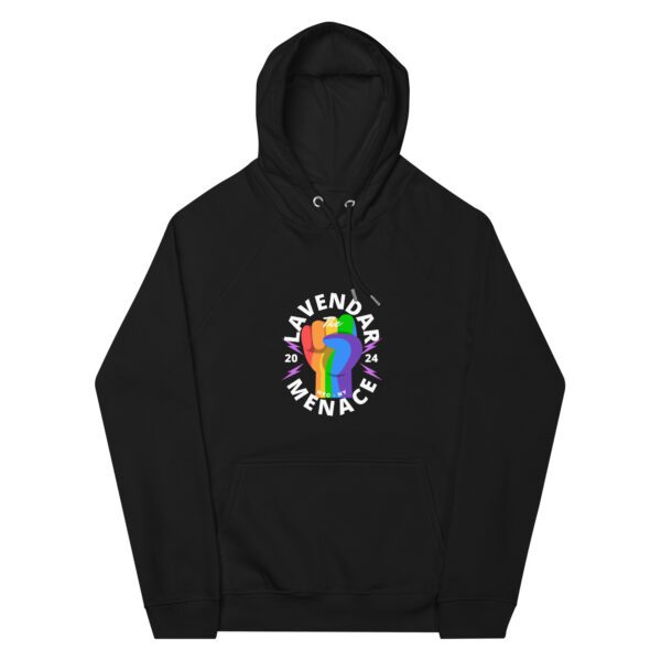 An Eco Raglan Hoodie, this black piece flaunts a colorful heart design on the chest. The heart features the numbers "20" and "24," encircled by the phrase "Lavender Menace," forming a striking circular pattern.